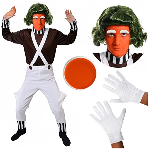 Adults Chocolate Factory Worker Fancy Dress Costume - Book Week Character Brown Top - White Dungarees - Wig - Gloves - Eyebrows - Face paint Unisex - Complete Costume With All Accessories