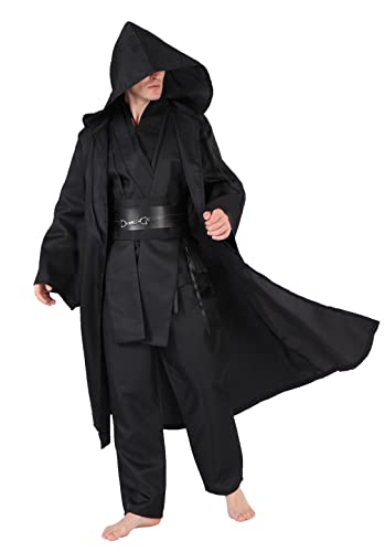 SINSEN Adult Jedi Costume 4PCS SW Obi Wan Hooded Robe Cloak Kenobi Top Pant Belt Cosplay Uniform Set for Halloween Party Men Black (Large)