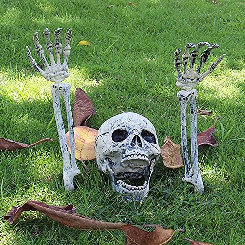 Halloween 3PCS Fake Skeleton Head and Hands Set Plastic Skull Skeleton Realistic Spooky Fake Bones Prop for Halloween Garden Yard Lawn Haunted House Décor