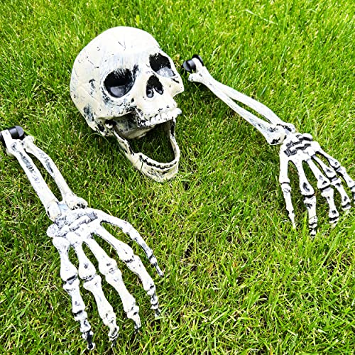3pc Fake Skeleton Spooky Halloween Decorations Outdoor Skeleton Head & Skeleton Arms Halloween Garden Decorations - Halloween Groundbreaker for Graveyard a Haunted House Outdoor Halloween Decorations