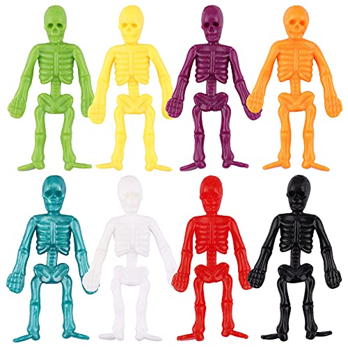 64 Pcs Halloween Stretchy Skeletons Assorted Colour Stretchy Skeleton Scary Halloween Decorations Halloween Rubber Skeleton Mini Skeleton Figures Model Halloween Trick Toys Gifts for Kids Boys Girls