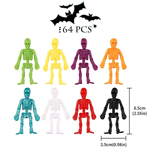 64 Pcs Halloween Stretchy Skeletons Assorted Colour Stretchy Skeleton Scary Halloween Decorations Halloween Rubber Skeleton Mini Skeleton Figures Model Halloween Trick Toys Gifts for Kids Boys Girls