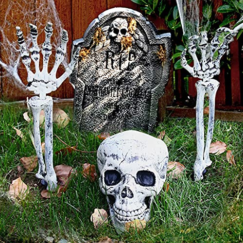 MIRTHBUY 3PCS Fake Skeleton Head and Hands Set Halloween Decoration Scary Plastic Skull Skeleton Decors for Indoor Outdoor Halloween Party Haunted House