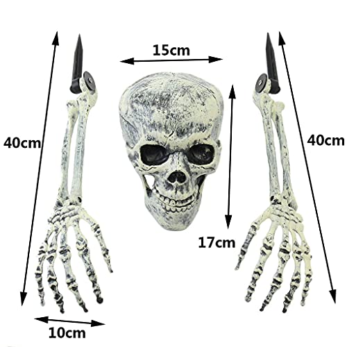 MIRTHBUY 3PCS Fake Skeleton Head and Hands Set Halloween Decoration Scary Plastic Skull Skeleton Decors for Indoor Outdoor Halloween Party Haunted House