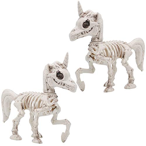 2 Pcs Halloween Unicorn Skeleton Decoration 7”/17.8cm Pose-N-Stay Animal Skeleton Plastic Bones with Posable Joints for Halloween Prop Indoor Outdoor Spooky Scene Party Favors Decor