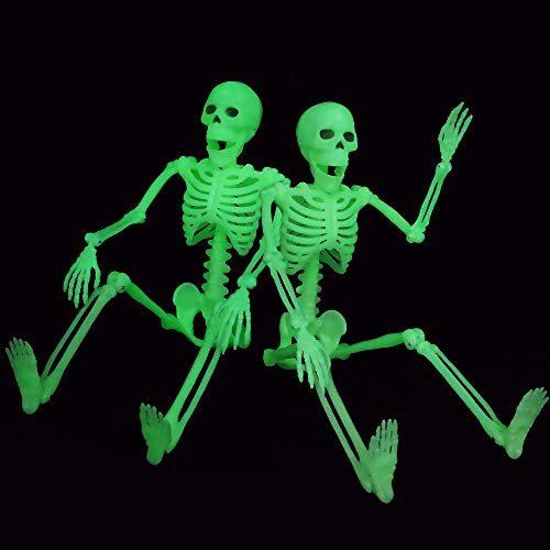 JOYIN 2 Pcs Halloween Skeleton Decorations 37.5cm Full Body Green Glow In The Dark Skeleton for Halloween Haunted House Hanging Decor Props, Indoor Outdoor Spooky Scene Party Favors