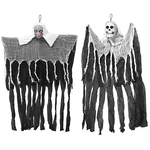 ROSAUI 2 Pack Skeleton Halloween Decoration, 80cm Spooky Halloween Hanging Skeleton Ghost Tree Decorations, Outdoor and Indoor Halloween Party Decorations - Realistic and Thrilling