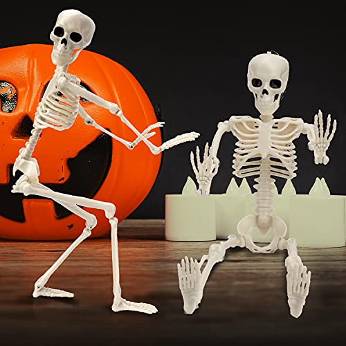 Qpout 2 Pack 16" Halloween Skeleton Full Body Posable Joints Skeletons, Halloween Skeleton Decorations for Halloween Party Haunted House Accessories Bar Graveyard Decorations Party Supplies