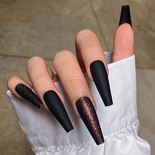 Handcess Coffin False Nails Black Matte Ballerina Press on Nails Extra Long Full Cover Fake Nail Flash Stick on Nails for Women and Girls(24Pcs)