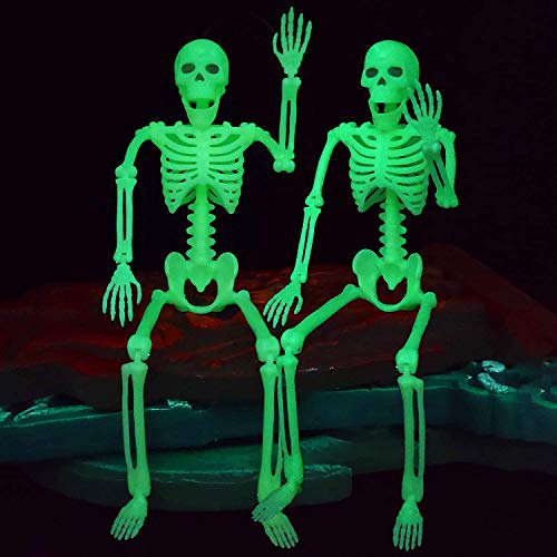 JOYIN 2 Pcs Halloween Skeleton Decorations 37.5cm Full Body Green Glow In The Dark Skeleton for Halloween Haunted House Hanging Decor Props, Indoor Outdoor Spooky Scene Party Favors