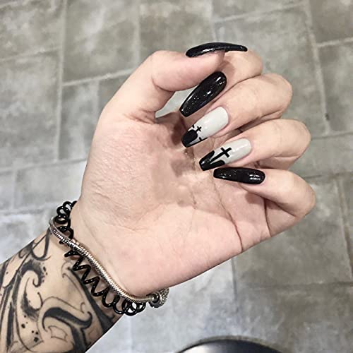 JUSTOTRY 24 Pcs Halloween Fake Nails Long, Black French Press on Nails with Patterns, Ballerina Stick on Nails for Women and Girls, Acrylic Coffin False Nails with Glue for Nail Art