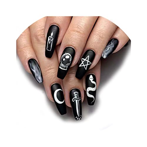 Neckon 24Pcs Coffin Press on Nails Black Star and Moon Fake Nail Long Snake False Nails Matte Acrylic Nail for Women and Girls