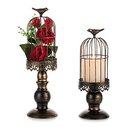 Nuptio Pillar Candle Holder Black: 2 Pieces Decorative Bird Cage Candle Holders for Pillar Candles, Gothic Birdcage Ornament Christmas Halloween Easter Home Living Room Fireplace Table Centrepiece