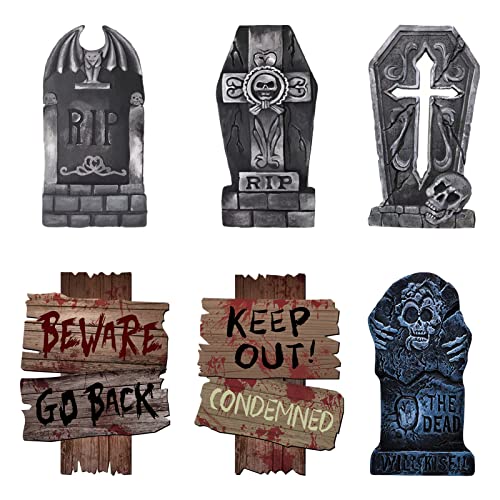 Winwild Halloween Decoration Garden Rip Cemetery Tombstones Set, 6 Pcs Yard Signs Roadside Caution Props with Ground Stakes for Halloween Party, Haunted House, Cemetery and Outdoor Lawn