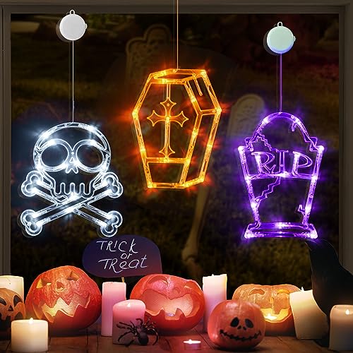 LOLStar Halloween Lights, 3 Pack Halloween Decorations White Skull, Orange Coffin, Purple Tombstone, Halloween Window Lights with Suction Cup Battery Operated, 2023 Upgrade Slow Fade Mode and Timer