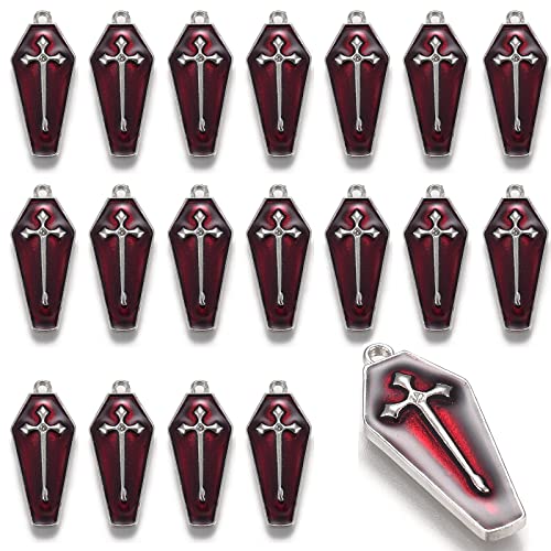 DanLingJewelry 5Pcs Enamel Halloween Charms Coffin with Cross Charms Red Coffin Charms for Jewellery Making