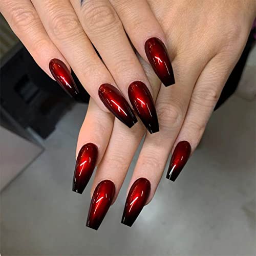 Neckon 24Pcs Coffin Press on Nail Gradient Long Fake Nail Glossy Black and Red Acrylic Nail Ballerina False Nail for Women and Girls