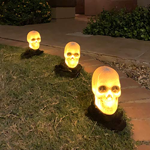 JOYIN 3 Pcs Scary Skeleton Lightup Skull Stakes for Halloween Outdoor Decorations, Battery Operated Stake Lights Pathway Makers for Halloween Party, Lawn Props, Halloween Yard Decor
