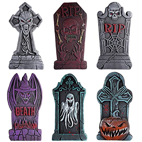 Toyvian 6PCS Halloween Tombstones with Metal Stakes Foam Cemetery Graveyard Tombstones Decorations Headstone Yard Sign Halloween Decoration for Halloween Outdoor Lawn
