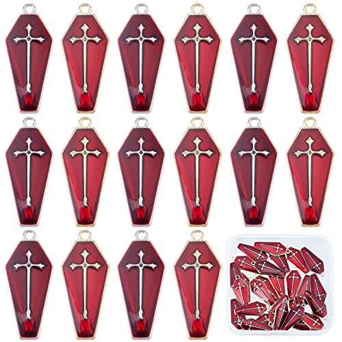 SUNNYCLUE 1 Box 30Pcs 2 Styles Red Coffin Charms Horror Enamel edge Silver Coffin Cross Halloween Pendants Gothic Dangle Earring Pendants for Jewelry Making Charms DIY Crafting Party Decoration Favors