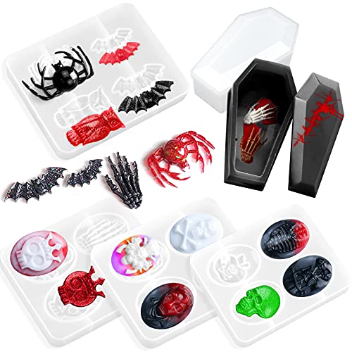 6 Pieces Halloween Resin Molds, EBANKU Coffin Box Molds and Bat Silicone Molds, Owl Casting Molds, Skull Shape Resin Mold Keychain Mold Set for DIY Craft
