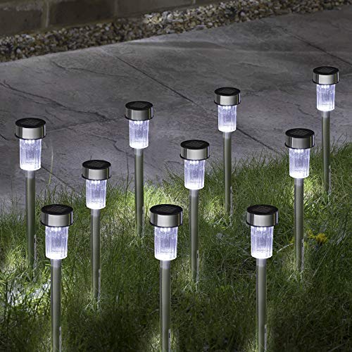 GloBrite Pack of 10 Solar Powered Stake Lights - LED Garden Outdoor Light, Waterproof Stainless Steel Post Path Lights for Patio Driveway Pathway Walkway Decoration