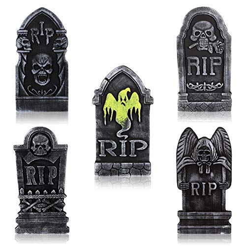 Toyvian 40CM Halloween Tombstone,5 Pack Foam RIP Headstone Creepy Halloween Yard Signs with Metal Stakes for Halloween Scary Graves Party Supplies