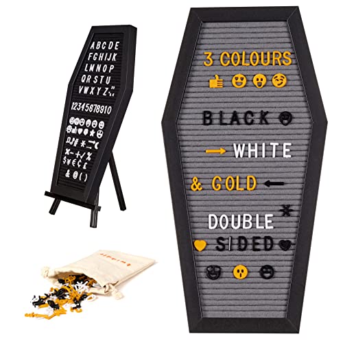 THE TWIDDLERS - Black Coffin Halloween Letter Message Felt Board Gothic Sign Decoration with 507 Pre-cut Letters in Black White and Yellow Plywood Stand - 44cm x 22cm