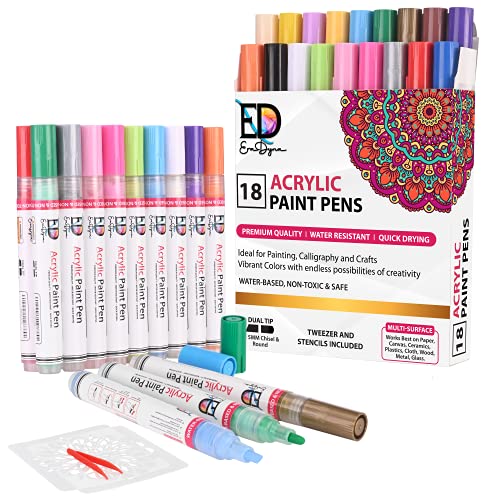 EraDyna Pack of 18 Acrylic Paint Pens | Waterproof Permanent Paint Pens with Reversible 2-5 mm dual tips for Glass, Ceramic, Rock Painting, Canvas, Mugs, Paper, Fabric, Wood, and DIY Craft