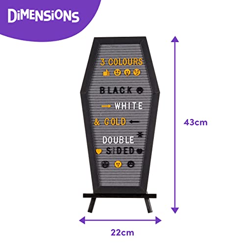 THE TWIDDLERS - Black Coffin Halloween Letter Message Felt Board Gothic Sign Decoration with 507 Pre-cut Letters in Black White and Yellow Plywood Stand - 44cm x 22cm