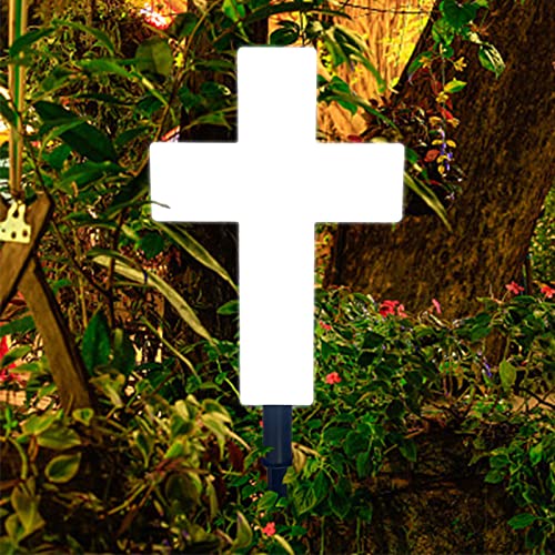 Solar Lighted Cross Grave LED White Garden Cross Marker Heartfelt Cemetery Decoration Illuminated Garden Stake Light Memorial Remembrance Gift for Outdoor Yard Patio