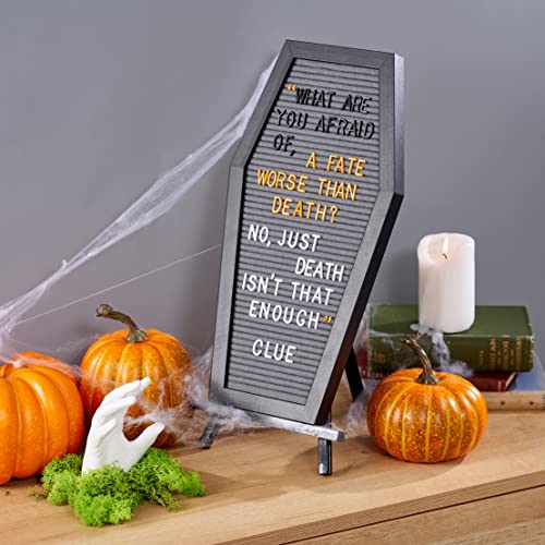 THE TWIDDLERS - Black Coffin Halloween Letter Message Felt Board Gothic Sign Decoration with 507 Pre-cut Letters in Black White and Yellow Plywood Stand - 44cm x 22cm