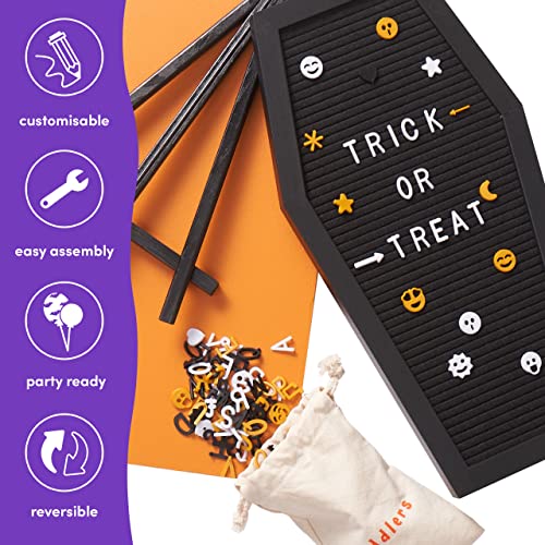 THE TWIDDLERS - Black Coffin Halloween Letter Message Felt Board Gothic Sign Decoration with 507 Pre-cut Letters in Black White and Yellow Plywood Stand - 44cm x 22cm