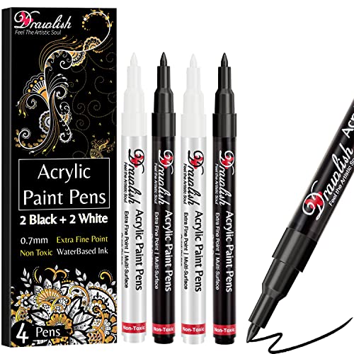 Drawlish Acrylic Paint Pens, Black & White Pen Set of 4 Glass Paint Markers 0.7mm Extra Fine Tip | Ideal for Wood, Fabric, Porcelain, Ceramic, Stone, Rock Painting and more