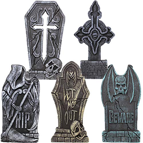 JOYIN 17” Halloween Foam RIP Graveyard Tombstones (5 Pack), Headstone Decorations and 12 Bonus Metal Stakes for Halloween Yard Decorations