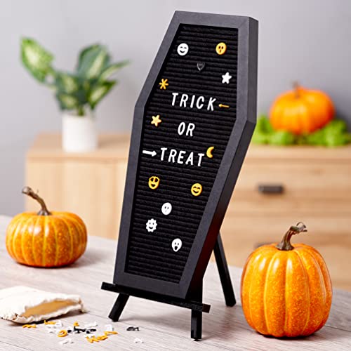 THE TWIDDLERS - Black Coffin Halloween Letter Message Felt Board Gothic Sign Decoration with 507 Pre-cut Letters in Black White and Yellow Plywood Stand - 44cm x 22cm