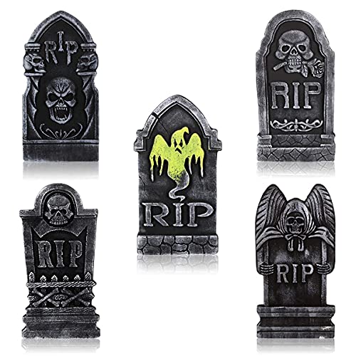 NUOLUX 5 Pack Halloween Foam Tombstone with Metal Stakes Headstone RIP Decoration Creepy Halloween Gravestones for Garden Lawn Yard Outdoor