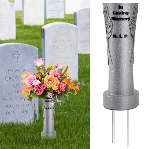 in Loveing Memory R.I.P Cemetery Vase with Ground Spikes, Draining Holes, Angel Wings Vase for Fresh/Artificial Flowers, Gravestone Gravesite, Memorial Gift for Loss of Loved One, Granite (Grey)