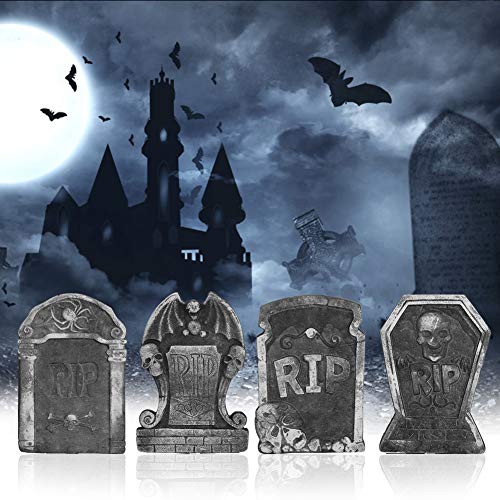 Zerodis Foam Tombstones Gravestone, 4Pcs Funny Graveyard Haunted House Decorations Bonus Metal Stakes, for Halloween Yard Decorations