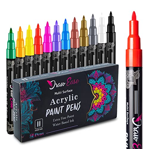 Draw Ease Acrylic Paint Pens Set of 12 Colours, 0.7mm Tip Glass Pens with Extra Fine Point & Water Based Ink - Acrylic Pens Suitable for Porcelain, Wood, DIY Craft, Mug Design, Rock Painting & Ceramic
