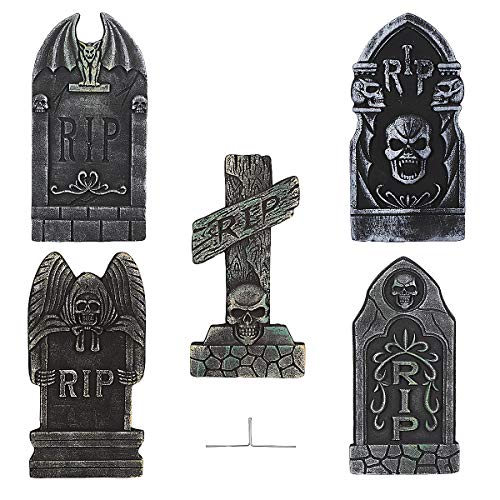 PRETYZOOM 5PCS Halloween Foam RIP Graveyard Tombstones Halloween Yard Decorations Lawn Headstones Spooky Haunted House Decorations with 10pcs Ground Stakes