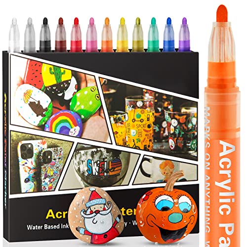 Droaful Acrylic Paint Pens Markers -12 Color Water Based Paint Pens for Rock Painting, Stone, Ceramic, Glass, Wood, Fabric, Canvas, Porcelain, Metal, Long Lasting,Strong Covering,Non-Toxic and No Odor