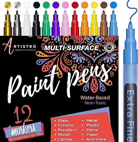 Acrylic Paint Pens for Rock Painting, Stone, Pebbles, Ceramic, Glass, Wood. Set of 12 Acrylic Paint Markers Extra-Fine Tip 0.7mm.