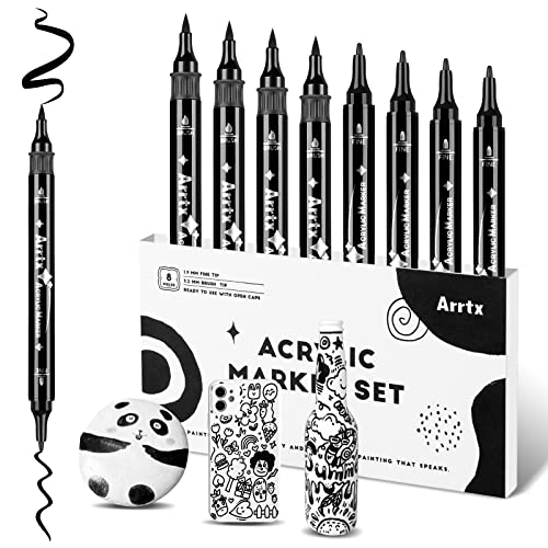 Arrtx Black Acrylic Paint Pens - 8 Pack Brush Tip and Fine Tip (Dual Tip) Black Paint Markers for Rock Painting, Water Based Acrylic Painting Supplies for Drawing, Wood, Graffiti, Canvas, Easter Egg