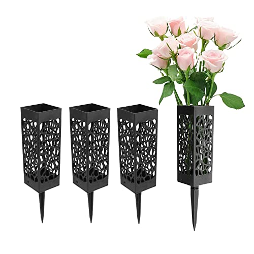 4PCS Grave Flower Holders,Personalised Cemetery Vase for Fresh or Artificial Flowers,7.2"Plastic Rectangle Vases with 5.3" Detachable Long Spike,for Gravestone Grave Outdoor Ground Flower Markers