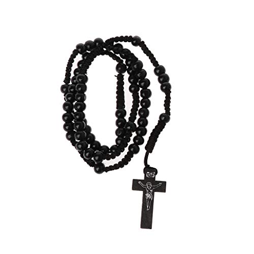KINTRADE Catholic Wood Beads Rosary Necklace with Jesus Seal Cross Religious Jesus Jewelry - Black