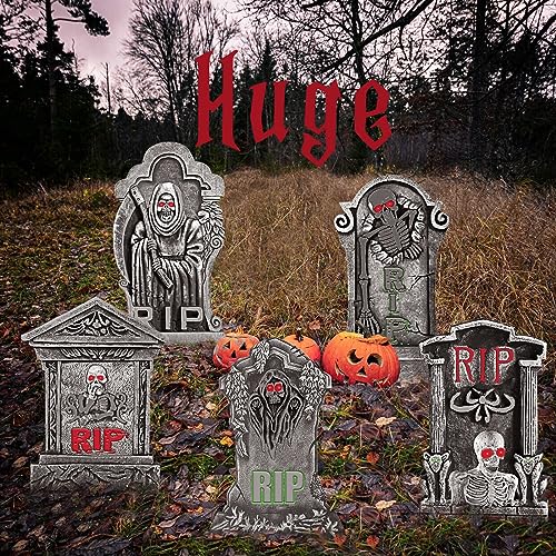 DIY Halloween Tombstone Set, 25.6inch Halloween Yard Sign 5 Pack Large Tombstones for Graves Halloween Gravestone With metal Stakes Halloween Outdoor Decor Waterproof