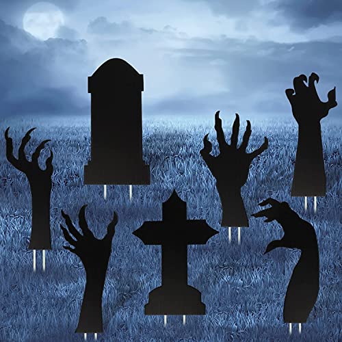 7Pcs Halloween Scary Decorations Outdoor- Black Zombie Hands and Tombstone Yard Sign with Stakes Halloween Graveyard Decoration for Outdoor Yard Garden Lawn Patio Halloween Decor
