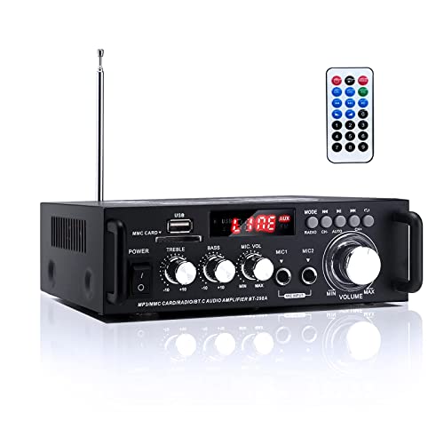Bluetooth HiFi Stereo Audio Amplifier - Compact Bass Treble Control Passive Mini Amp 300 W Peak Power 2 Channel Wireless Surround Sound System Receiver for AV Home Cinema Studio Car TV Phono Karaoke