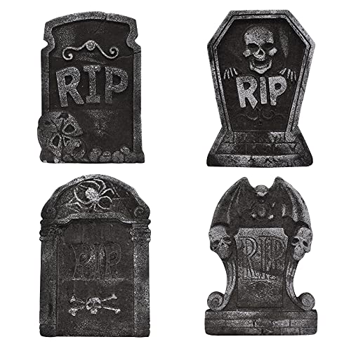TRIXES Halloween RIP Graveyard Tombstones - Outdoor Décor - Spooky Décor - 4PC Halloween Decorations - Gravestones - Foam - Indoor & Outdoor Props - Weathered Appearance